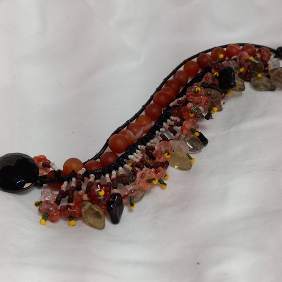 Woven Bracelet, Pink/Brown Agate with Fringe, Flowers, Antique Mourning Button - Picture 4 of 8